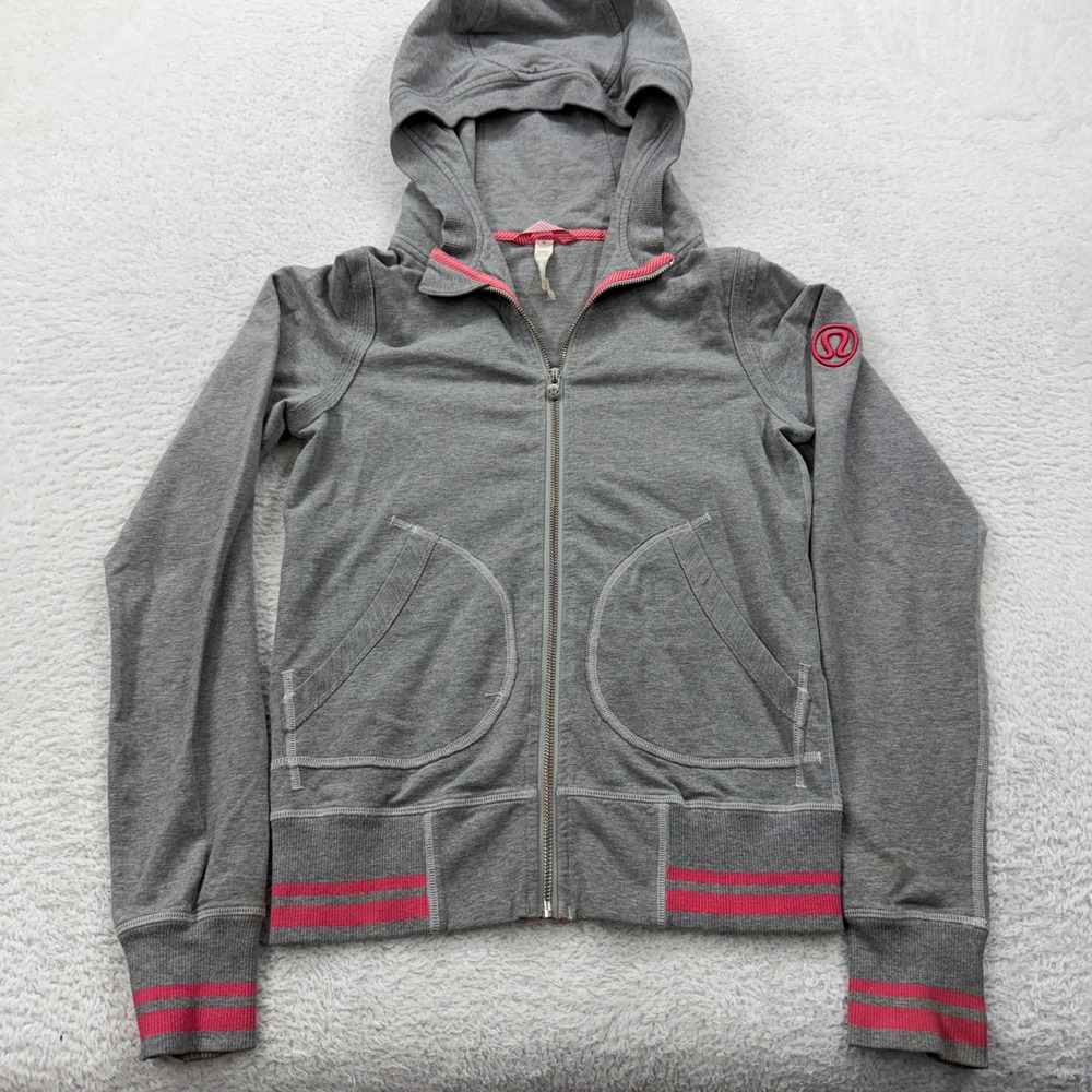 Lululemon Full Zip Hoodie Grey Pink Stripe Thumbhole Logo Size 4 Athletic Jacket